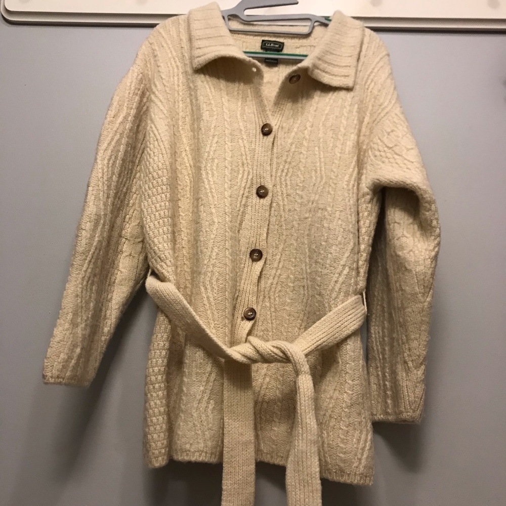 L.L. Bean Cream Cable Knit Button-Front Cardigan with Belt